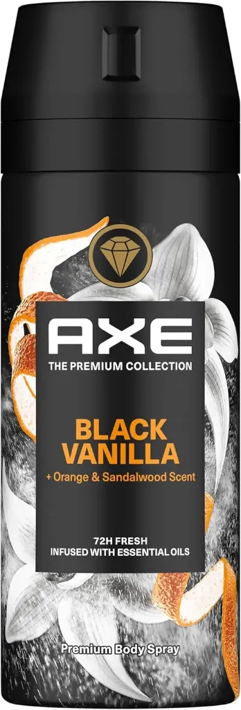 [axe-spray-vanilla150] Axe Body Spray for Men 72H Black Vanilla, Orange and Sandalwood Scent 150 ML